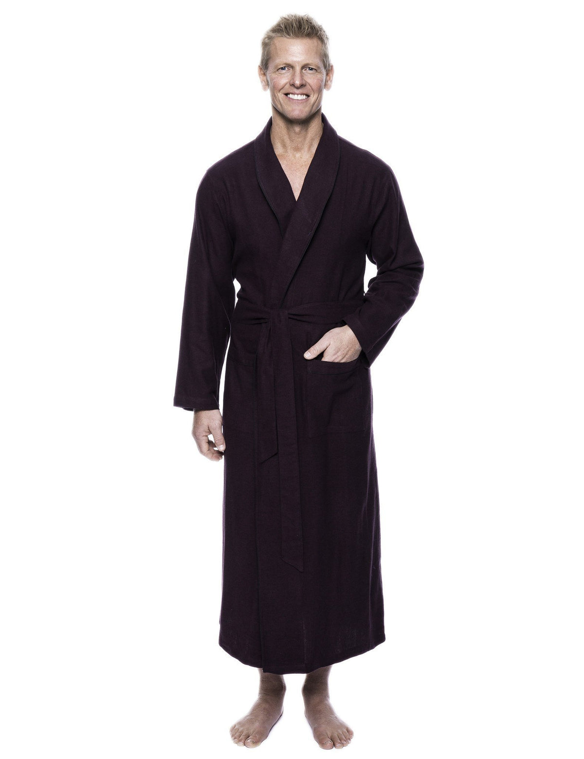 Men's 100% Cotton Flannel Long Robe - Herringbone Fig/Black