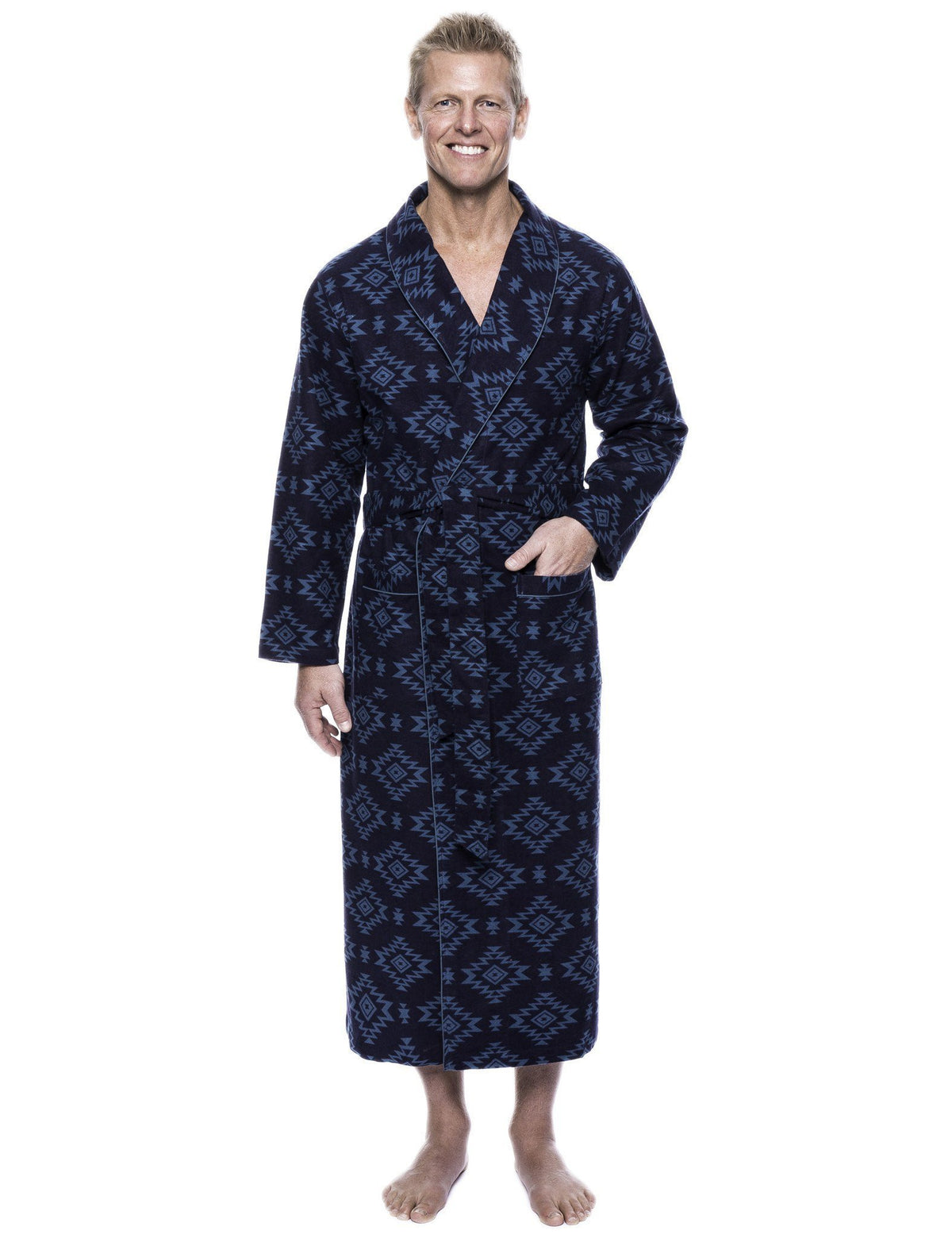 Men's 100% Cotton Thick Flannel Long Robe - Aztec Navy/Teal