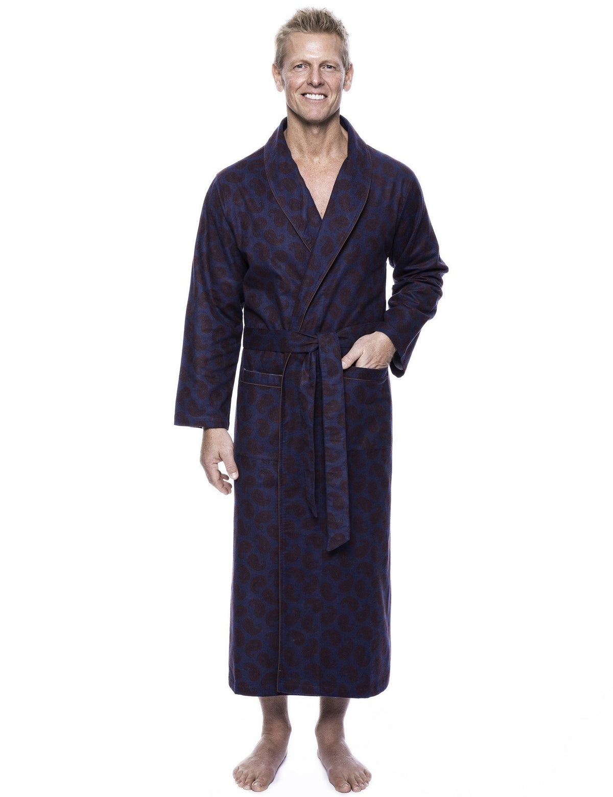 Men's 100% Cotton Thick Flannel Long Robe - Paisley Navy/Brown