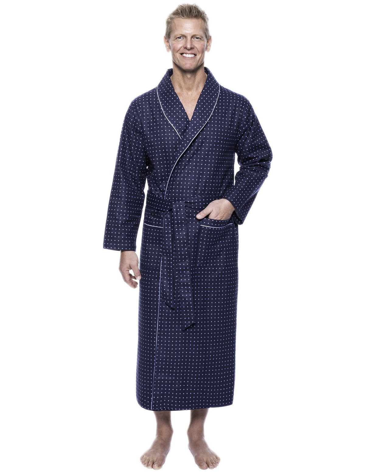 Men's 100% Cotton Thick Flannel Long Robe - Floating Squares Dark Blue