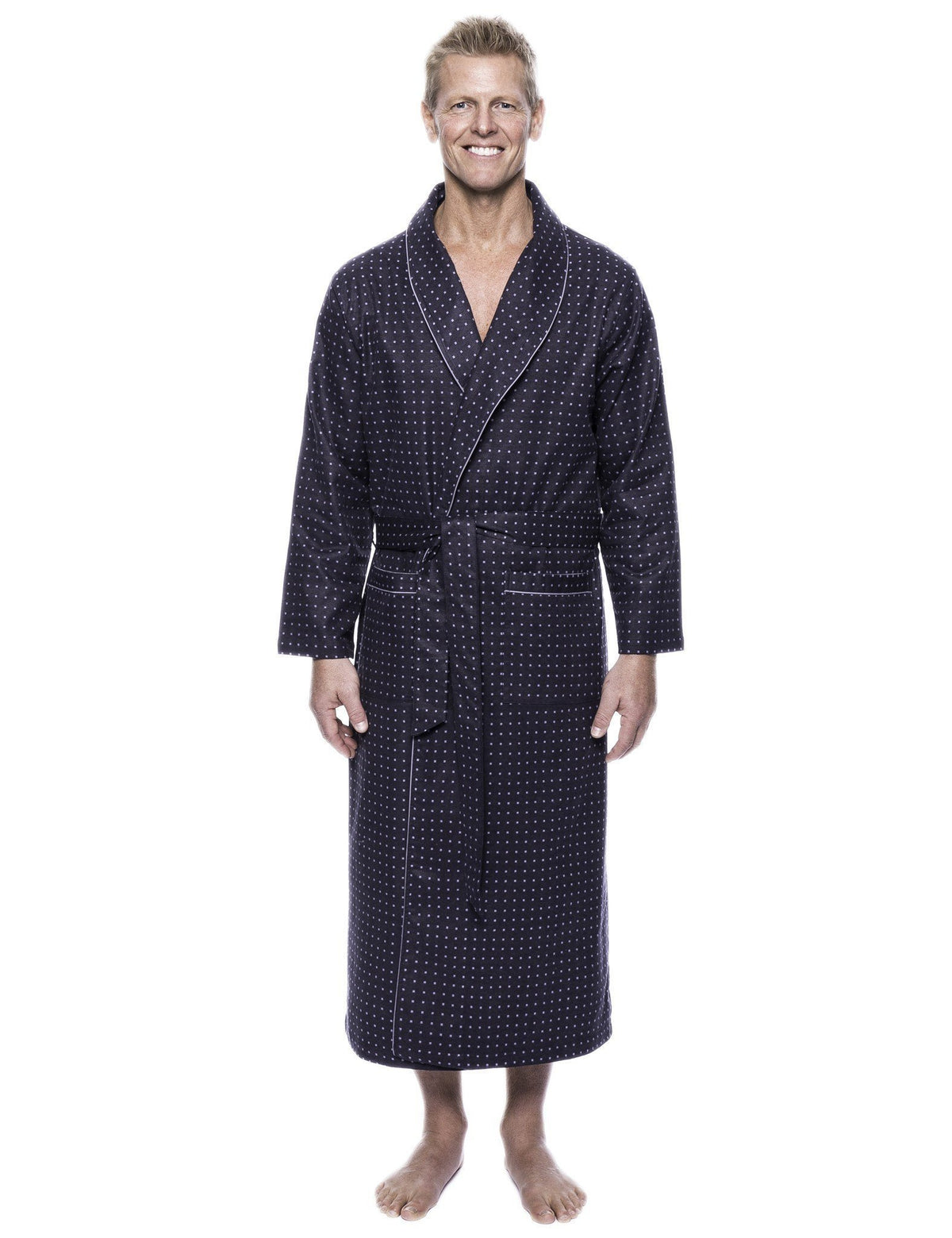 Men's 100% Cotton Thick Flannel Long Robe - Floating Squares Dark Grey