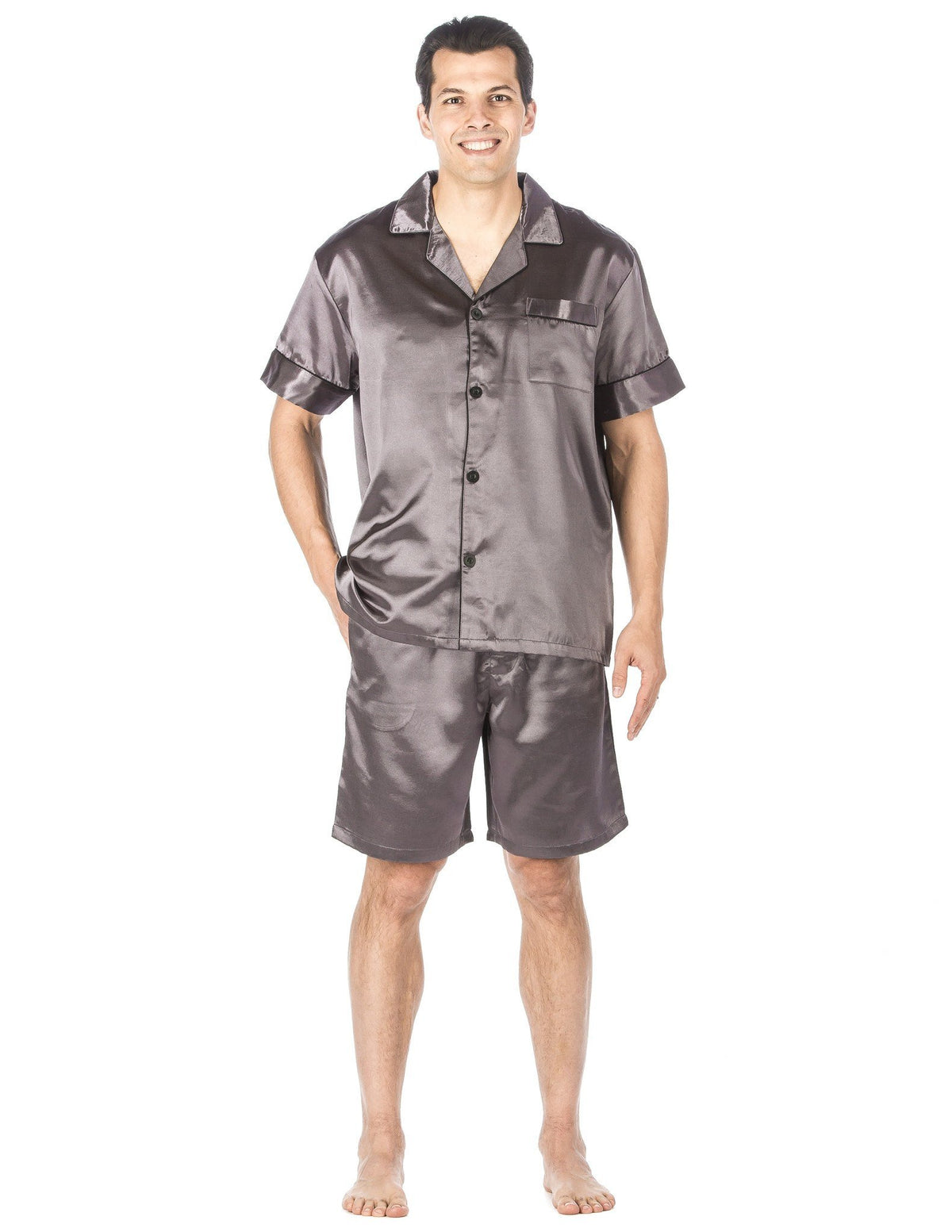 Men's Premium Satin Short Pajama Set - Solid Grey