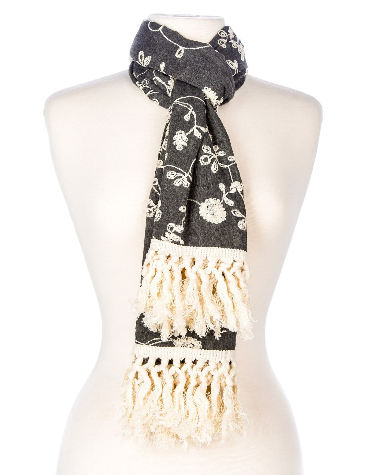 Embroidered Vine Scarf with Tassles - Gray