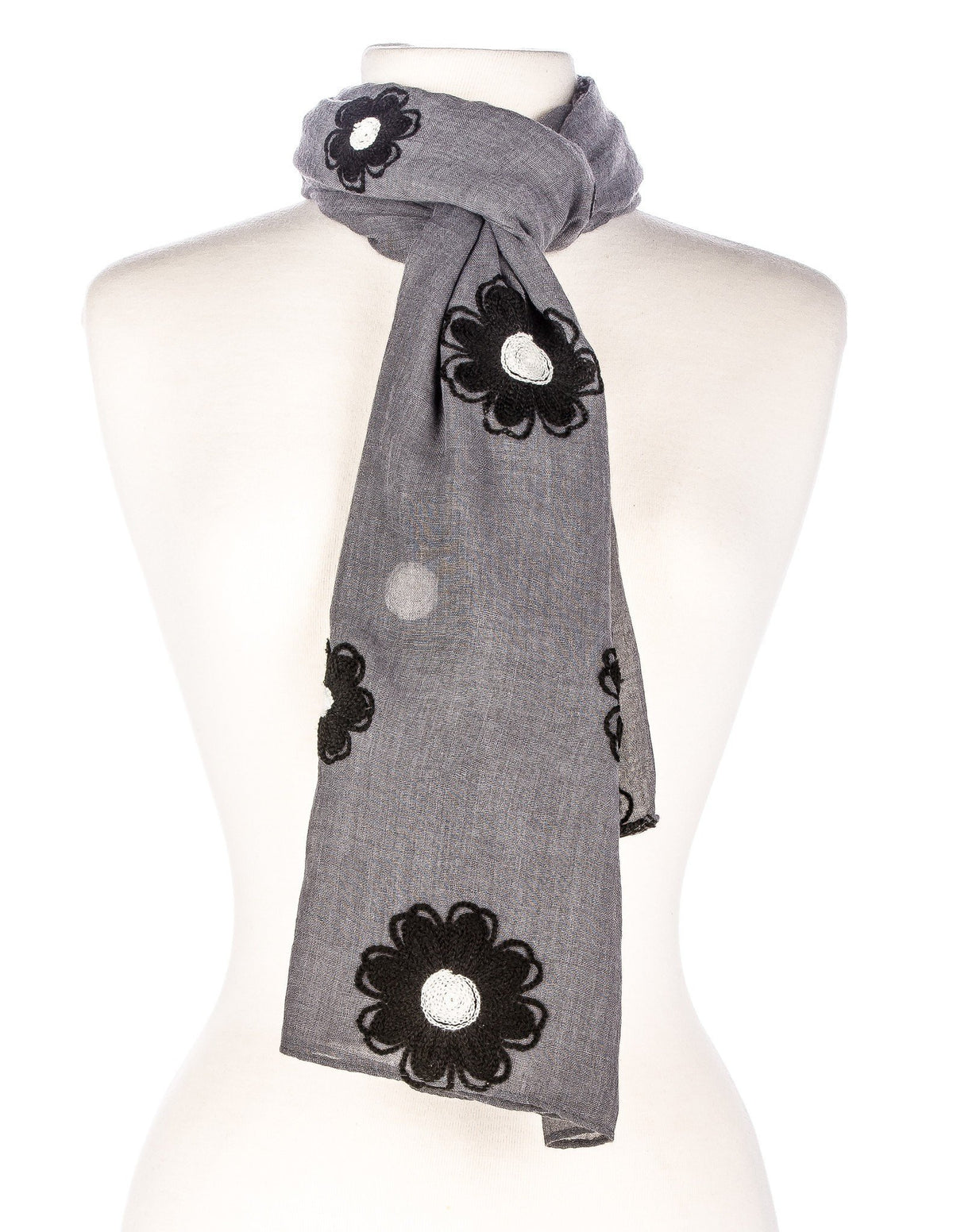 Embroidered Floral Spring Scarf - Gray