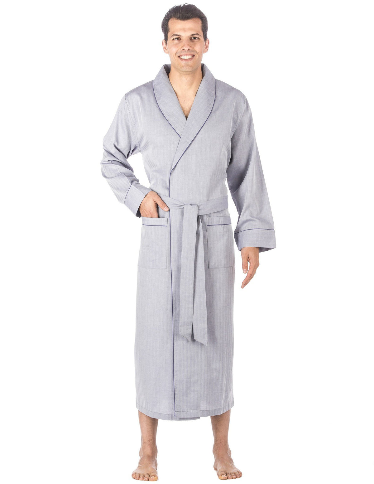 Men's Premium 100% Cotton Full-Length Robe - Herringbone Blue