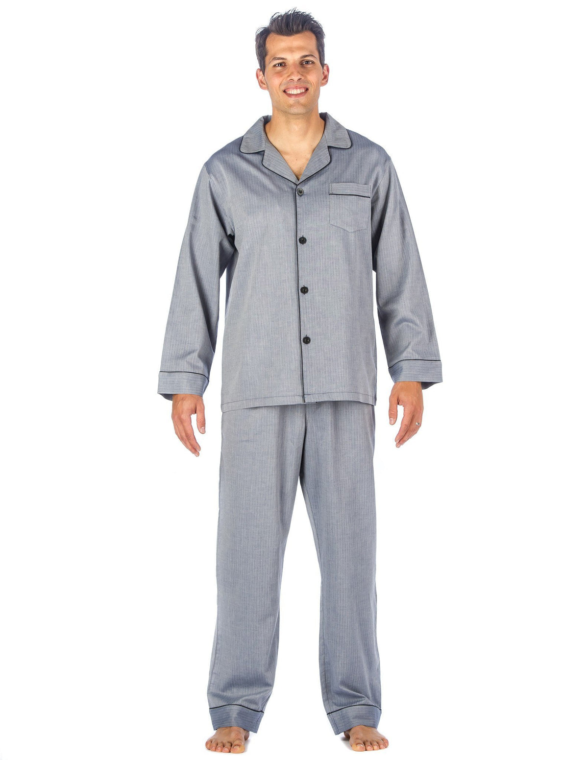 Mens Premium 100% Cotton Woven Pajama Sleepwear Set - Grey Herringbone