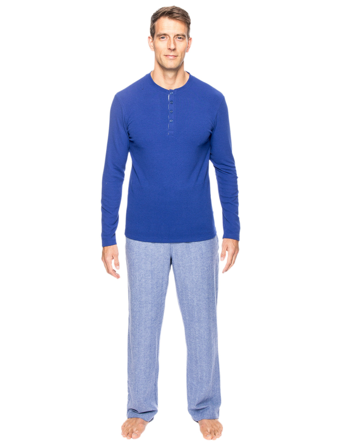 Mens Premium 100% Cotton Flannel Lounge Set - Herringbone Blue