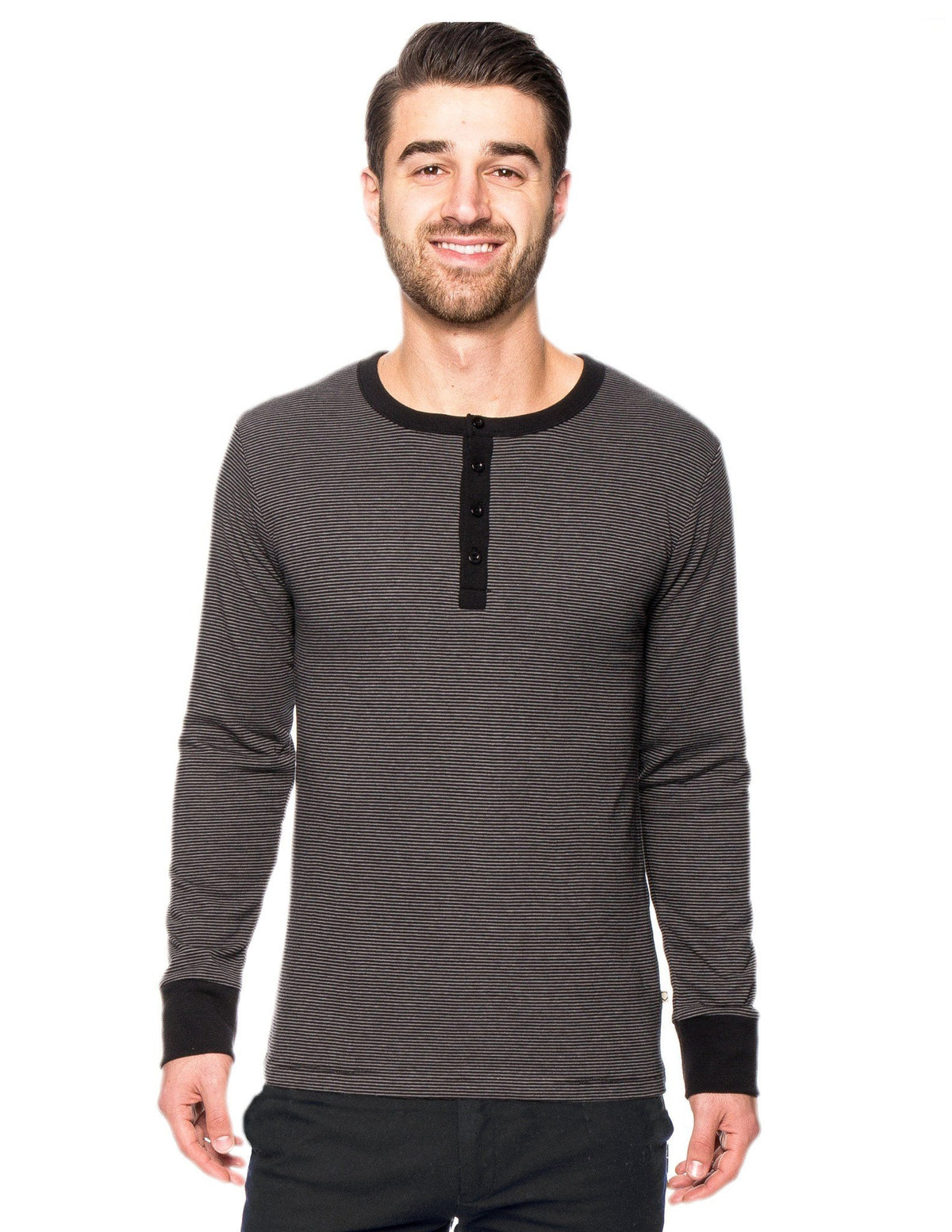 Men's Double Layer Thermal Long Sleeve Henley Top - Stripes Black/Charcoal