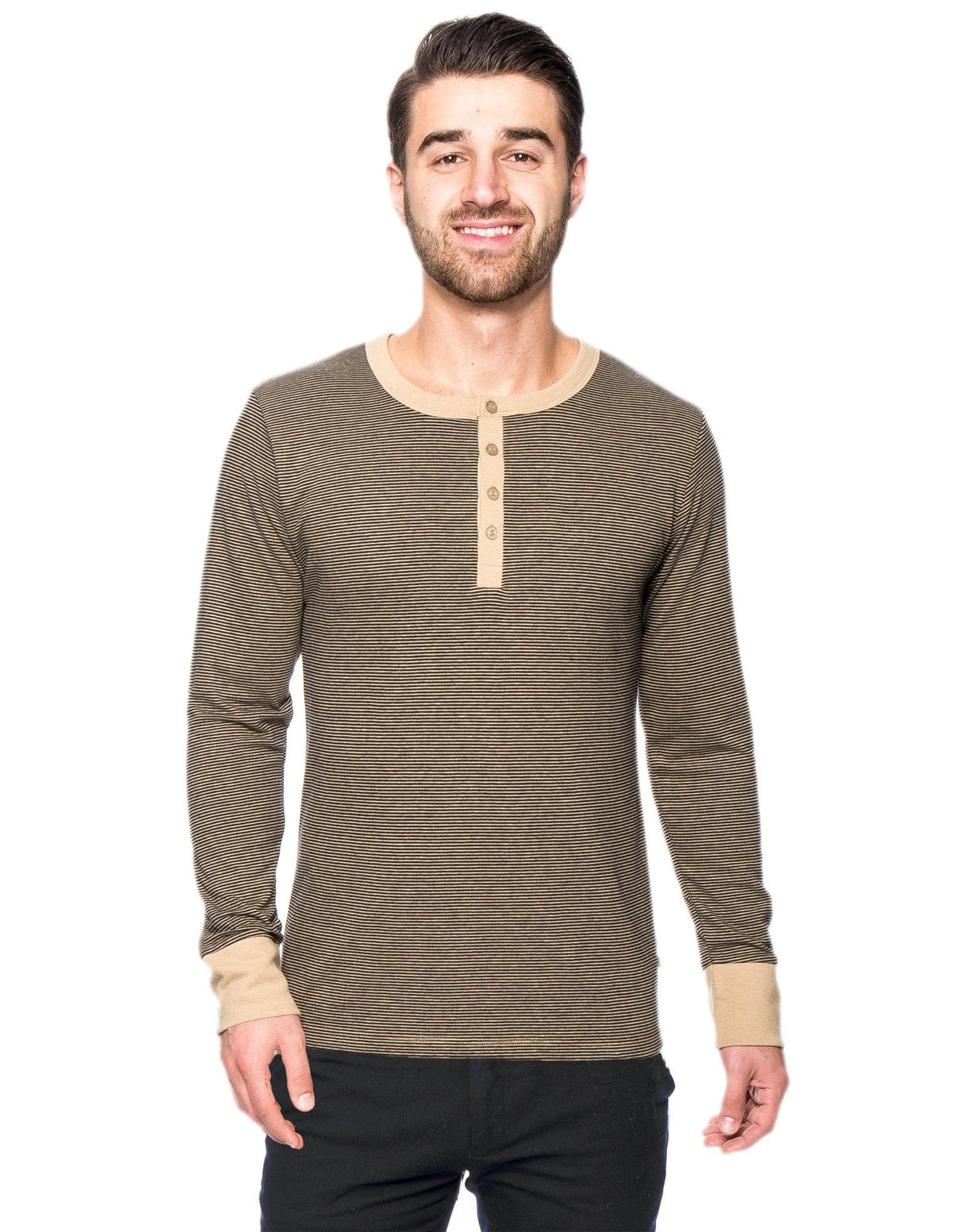 Men's Double Layer Thermal Long Sleeve Henley Top - Stripes Black/Brown