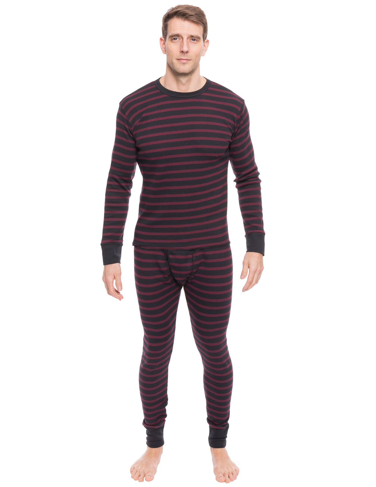 Men's Extreme Cold Waffle Knit Thermal Top and Bottom Set - Stripes Black/Fig