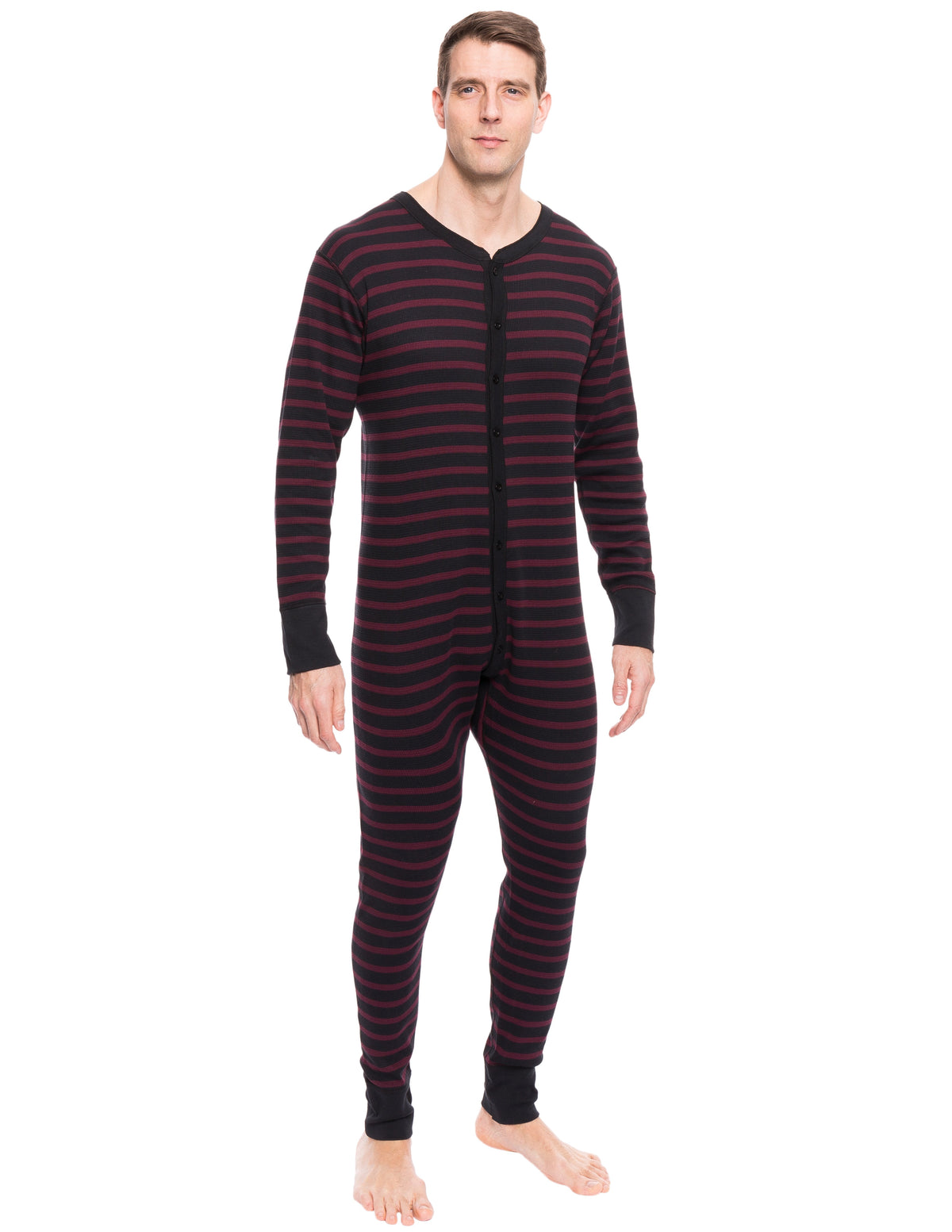 Men's Waffle Knit Thermal Union Suit - Stripes Black/Fig