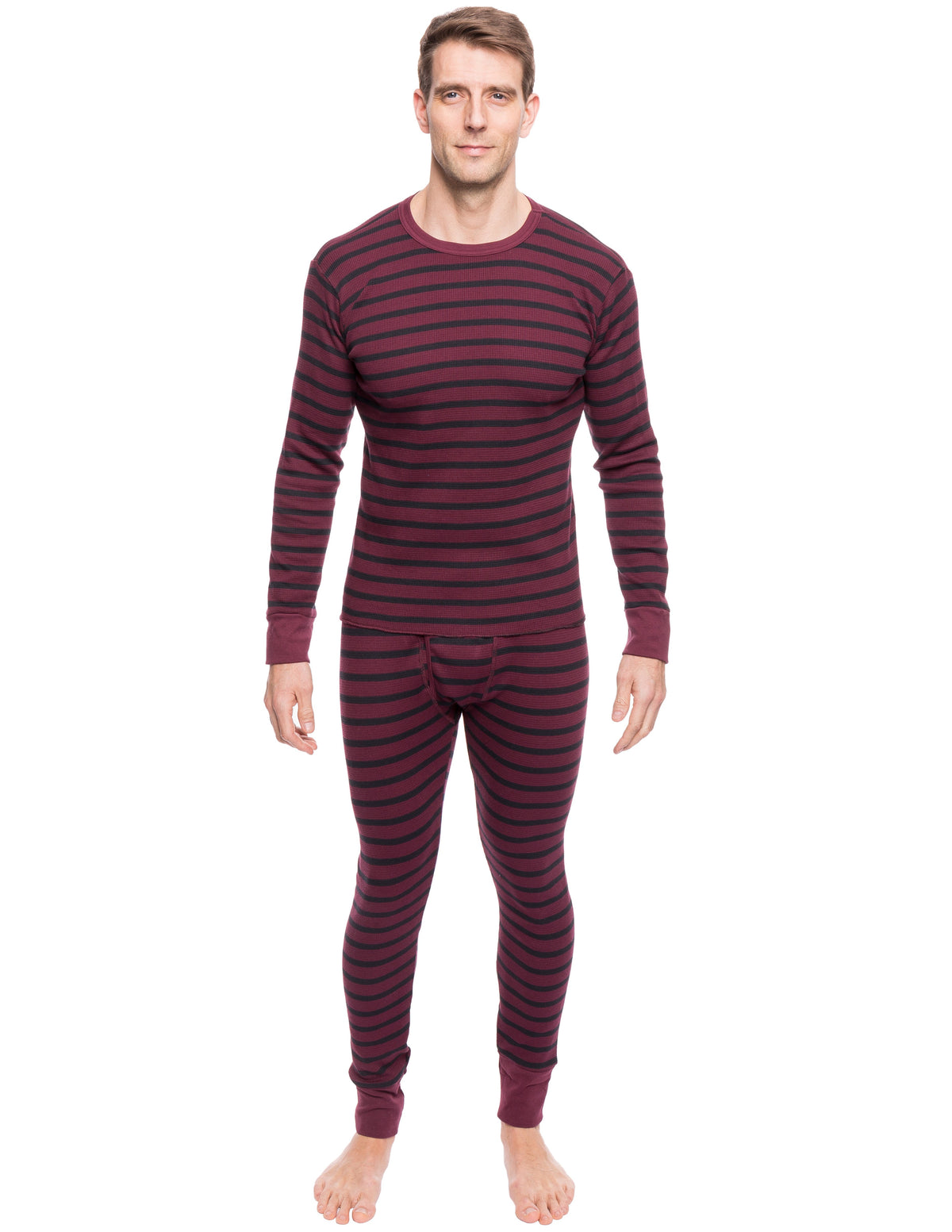 Men's Extreme Cold Waffle Knit Thermal Top and Bottom Set - Stripes Fig/Black