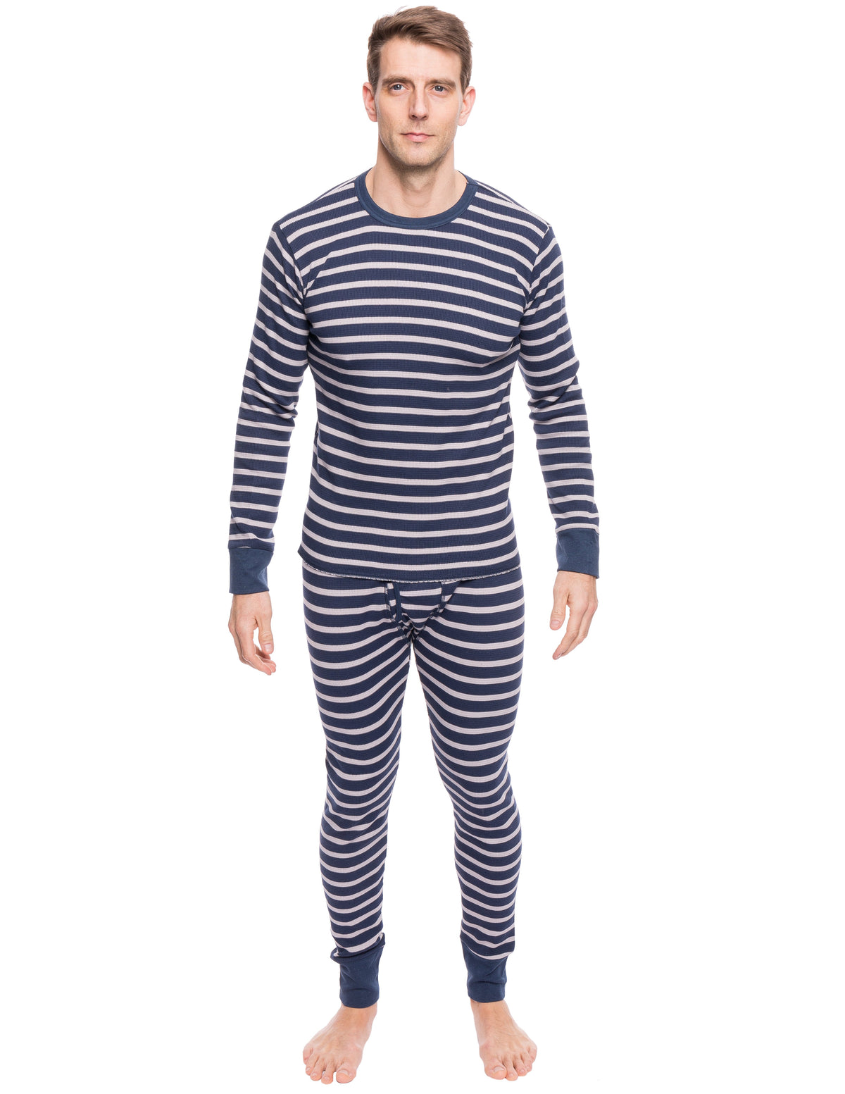 Men's Extreme Cold Waffle Knit Thermal Top and Bottom Set - Stripes Navy/Heather Grey