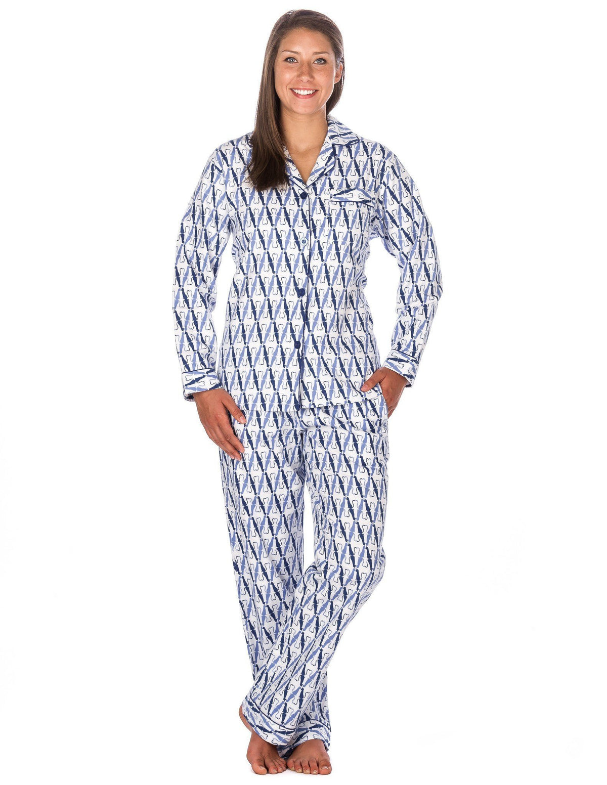 Women's Premium 100% Cotton Flannel Pajama Sleepwear Set (Relaxed Fit) - Its A Cats World - White/Blue