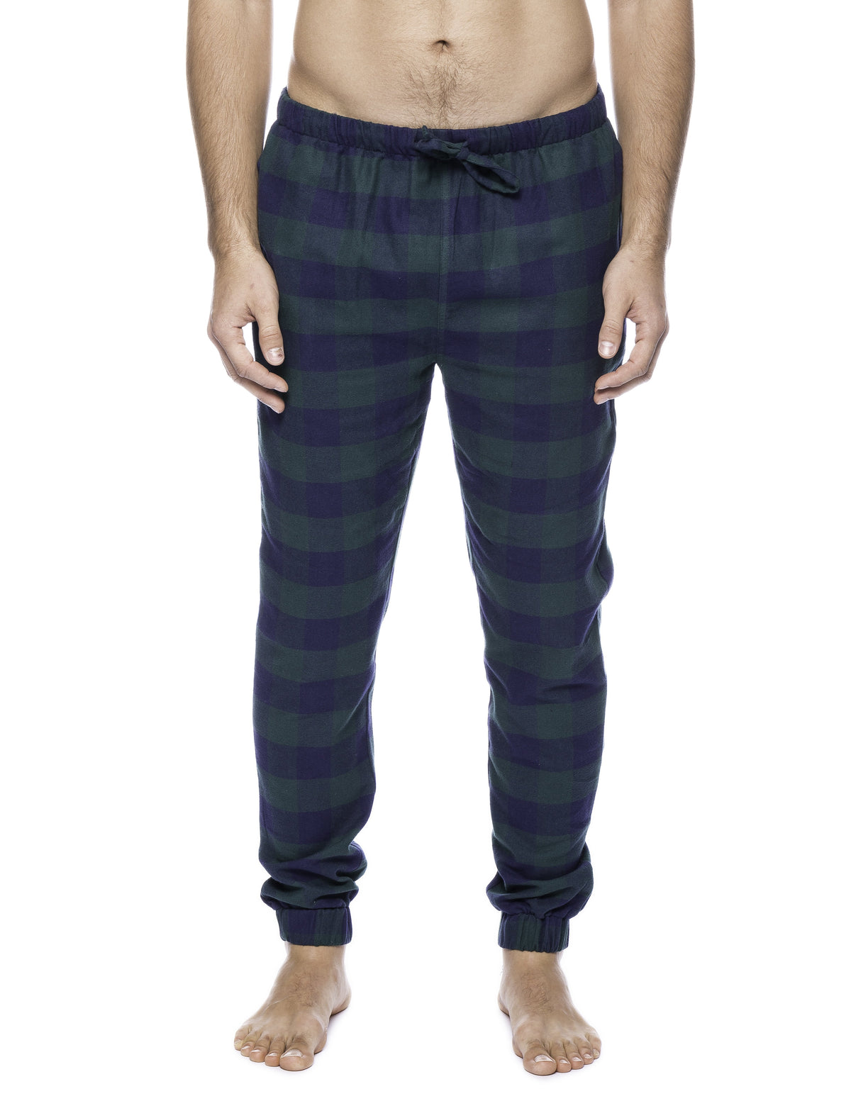Mens 100% Cotton Flannel Jogger Lounge Pants - Gingham Green/Navy