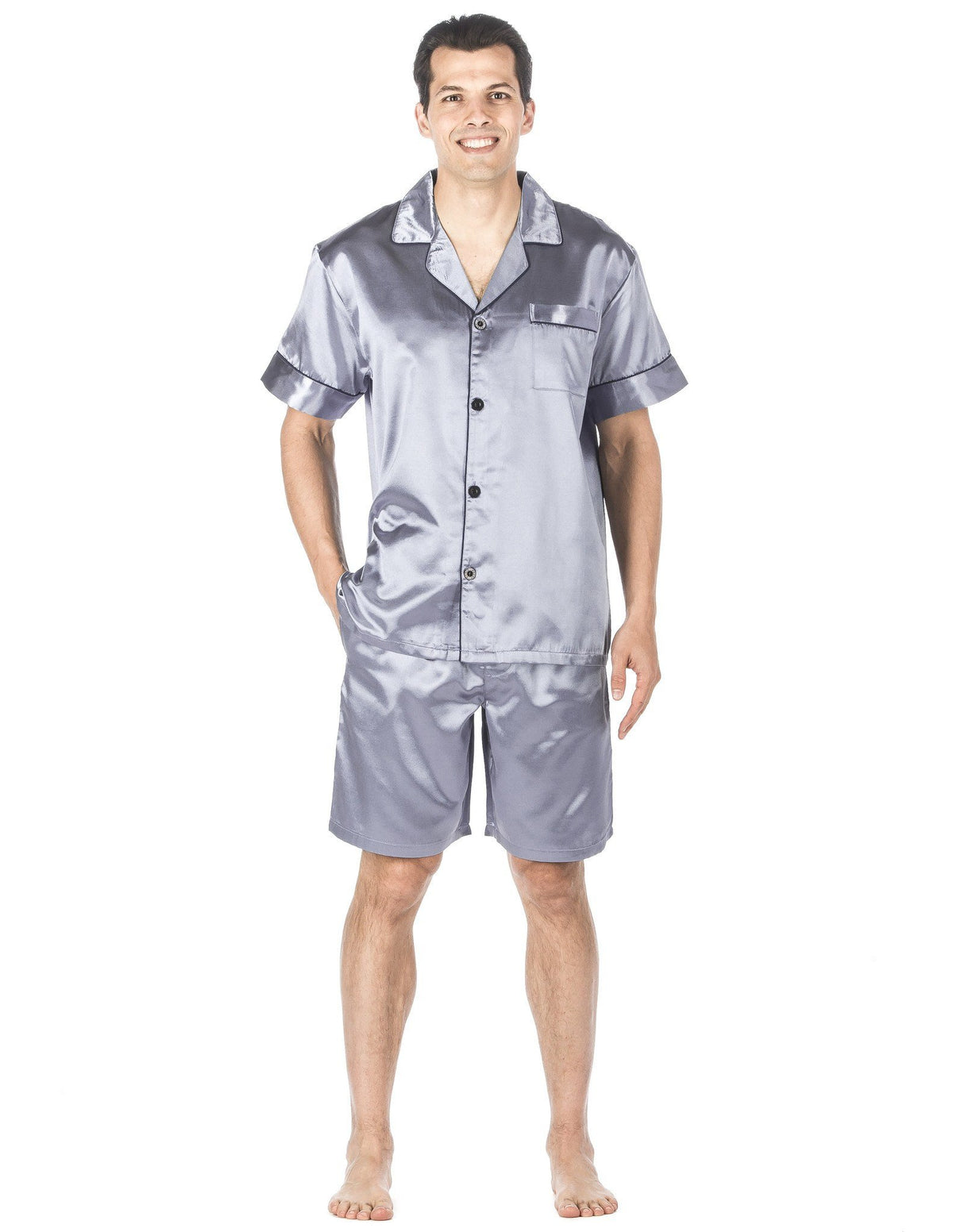 Men's Premium Satin Short Pajama Set - Solid Light Blue