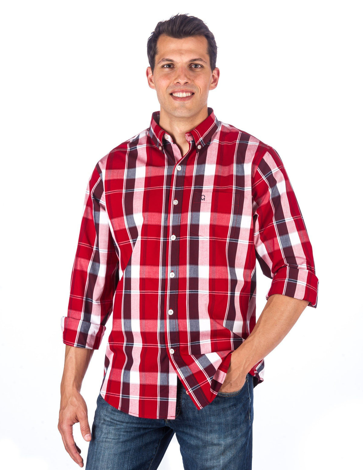 Men's 100% Cotton Casual Shirt - Regular Fit - Plaid Red/White/Navy