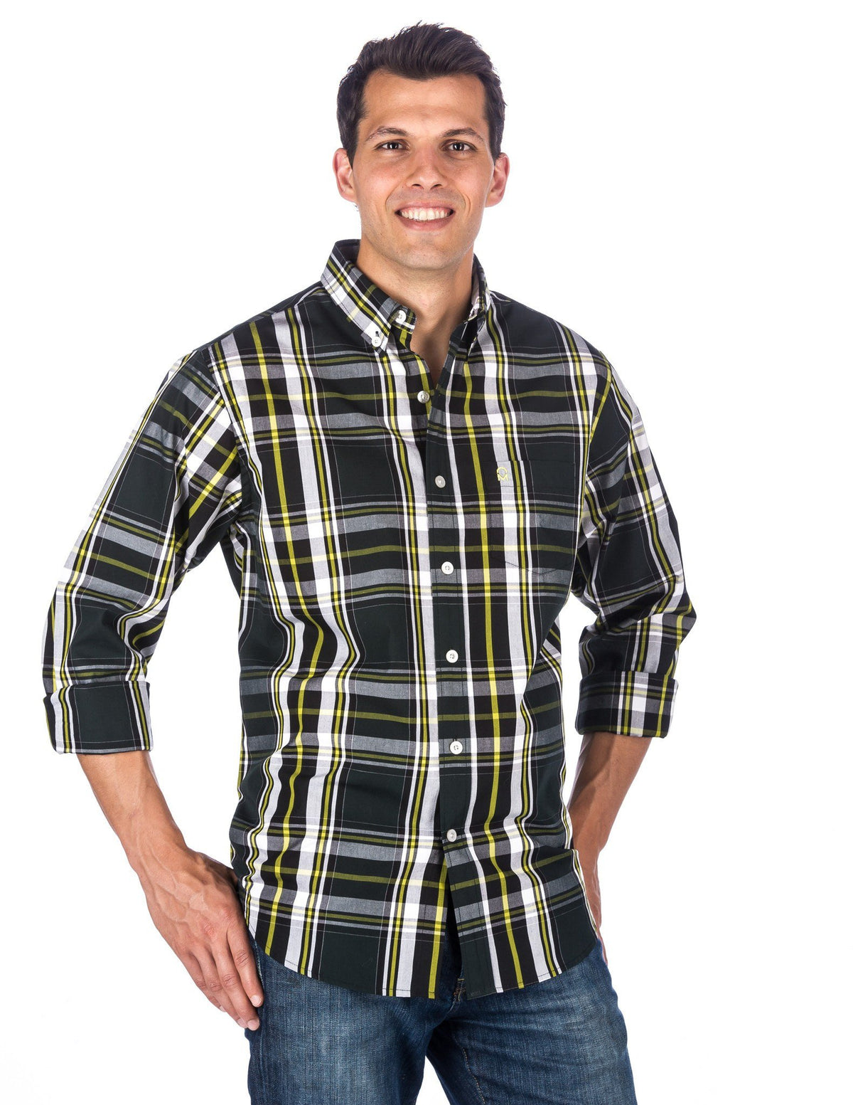 Men's 100% Cotton Casual Shirt - Regular Fit - Plaid Olive/Green