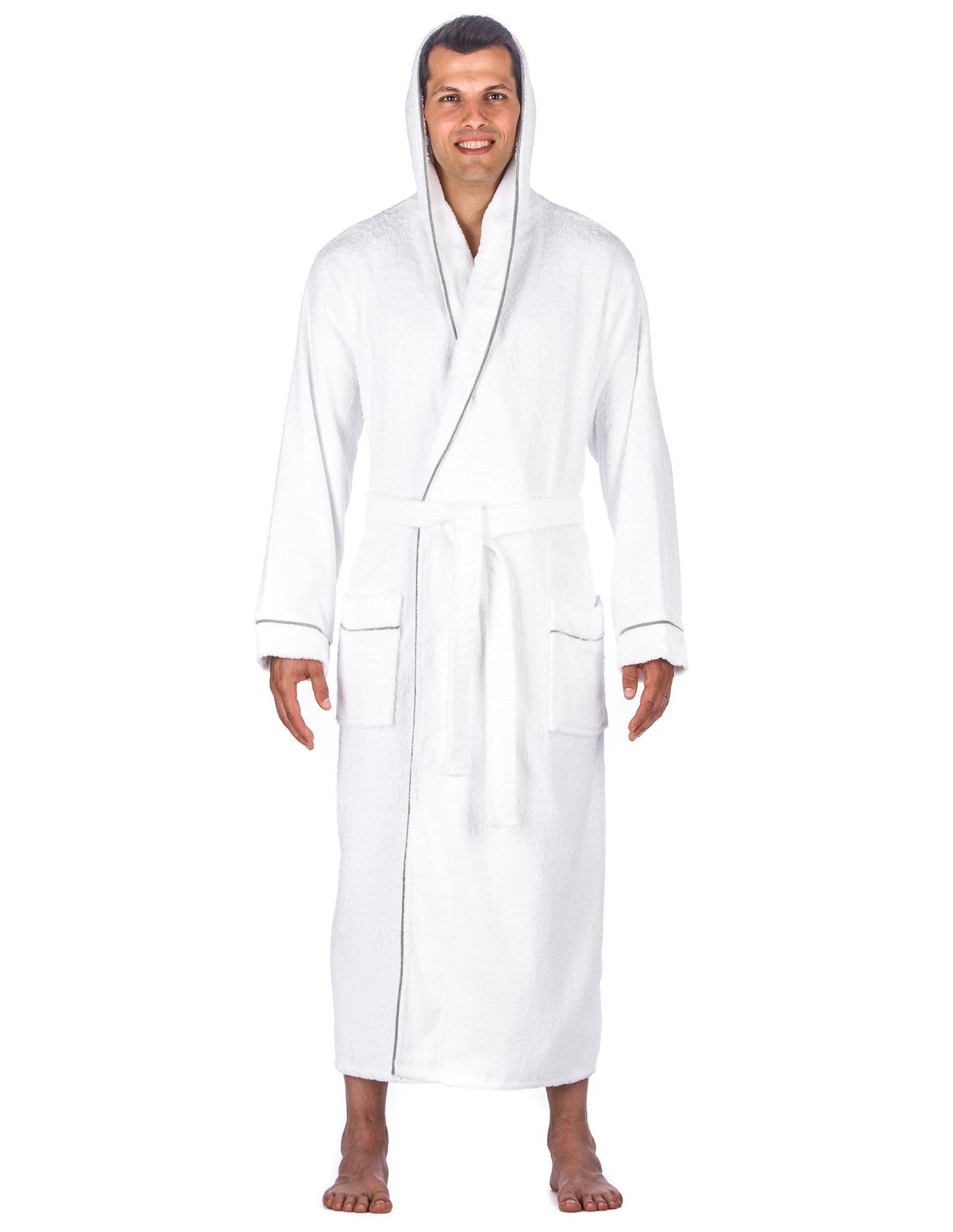 Men's 100% Cotton Terry Long Hooded Bathrobe - White