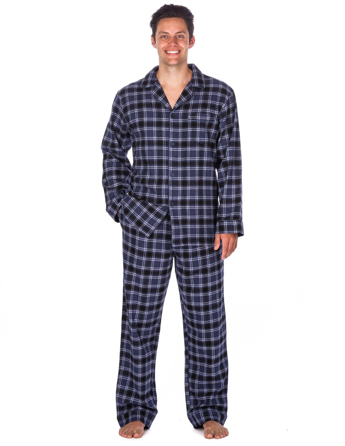Men's Premium 100% Cotton Flannel Pajama Sleepwear Set (Relaxed Fit) - Blue/Black Plaid