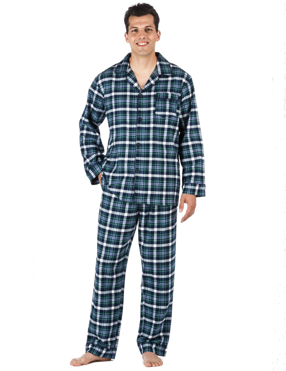 Men's Premium 100% Cotton Flannel Pajama Sleepwear Set (Relaxed Fit) - Blue/Aqua Plaid