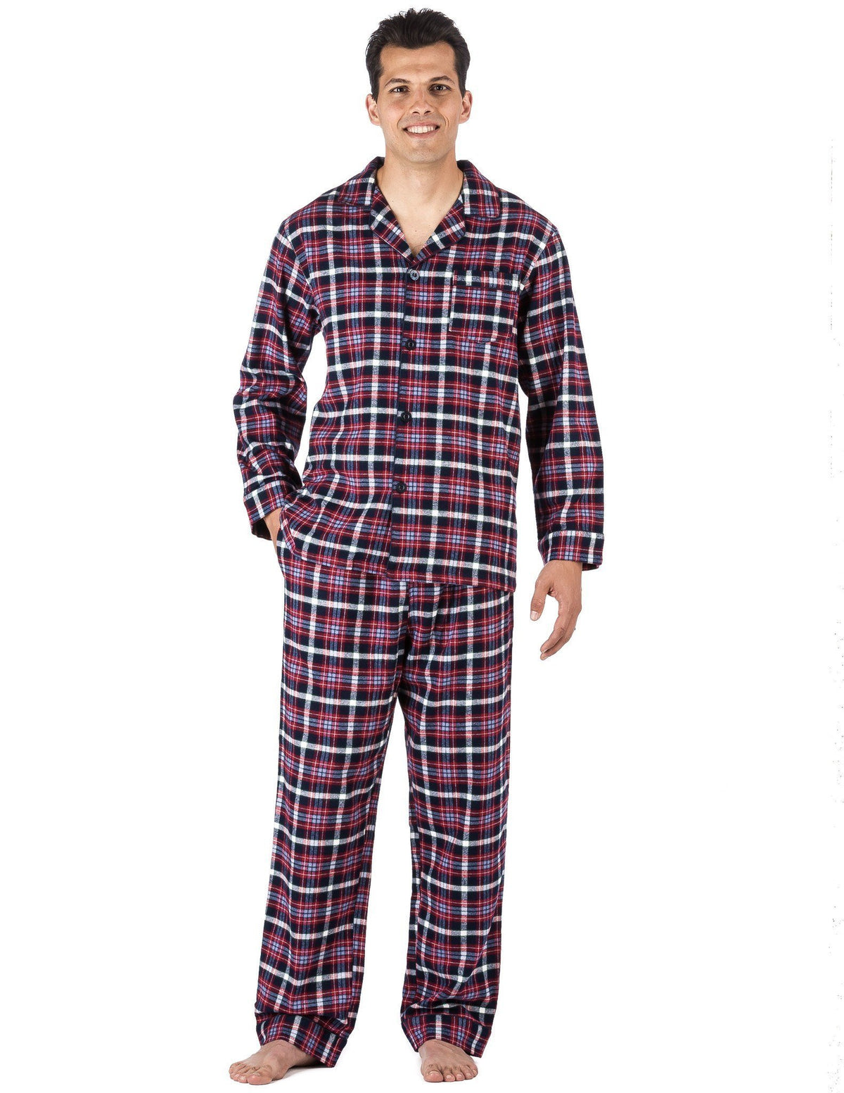 Relaxed Fit Men's Premium 100% Cotton Flannel Pajama Sleepwear Set - Blue/Red Plaid
