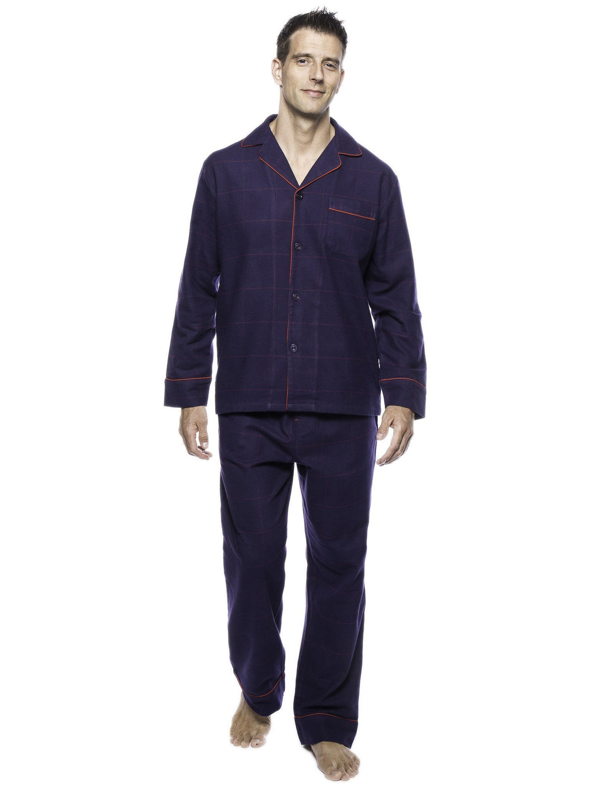 Box Packaged Men's Premium 100% Cotton Flannel Pajama Sleepwear Set - Windowpane Checks Blue/Red