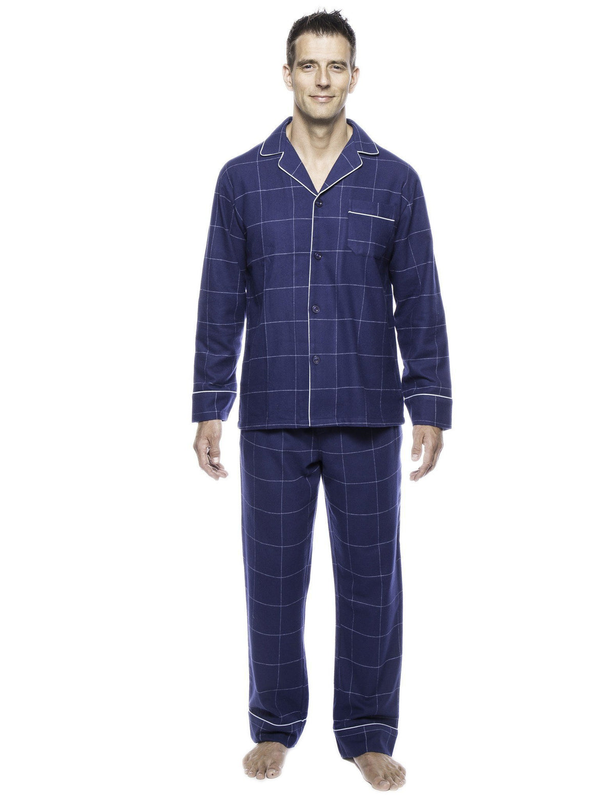 Box Packaged Men's Premium 100% Cotton Flannel Pajama Sleepwear Set - Windowpane Checks Dark Blue