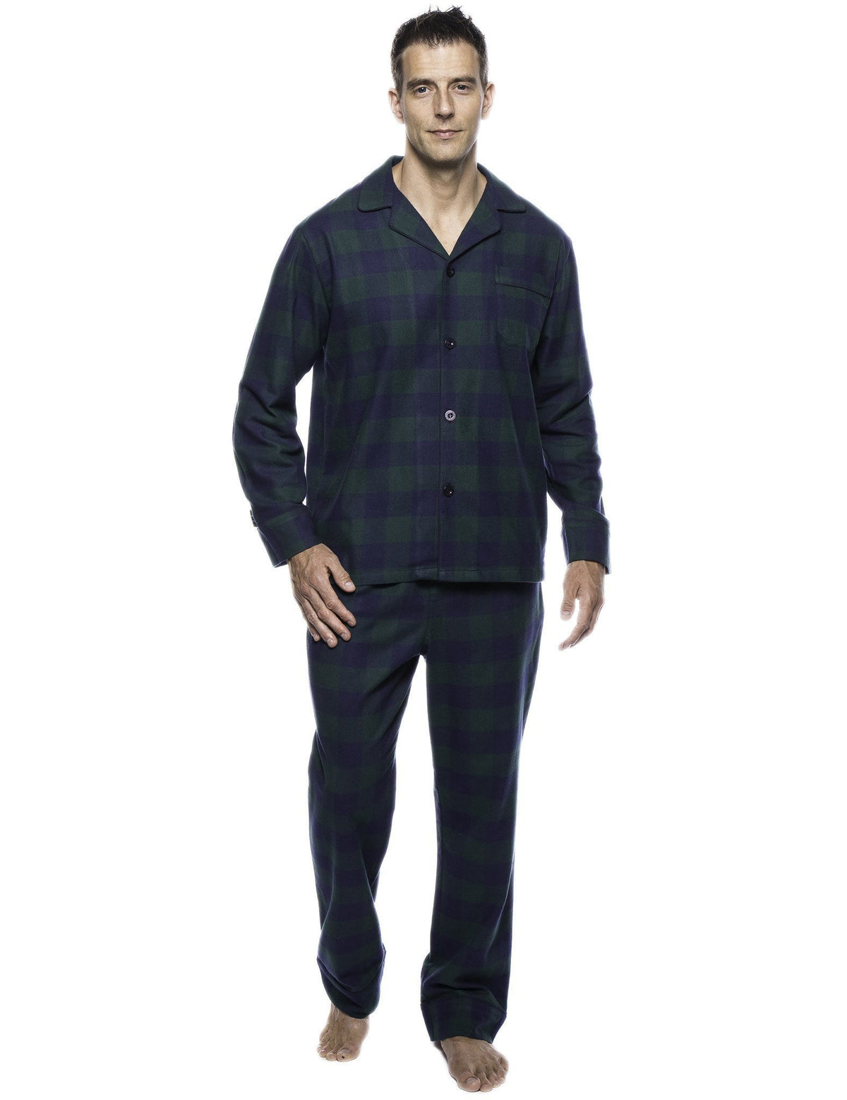 Box Packaged Men's Premium 100% Cotton Flannel Pajama Sleepwear Set - Gingham Green/Navy