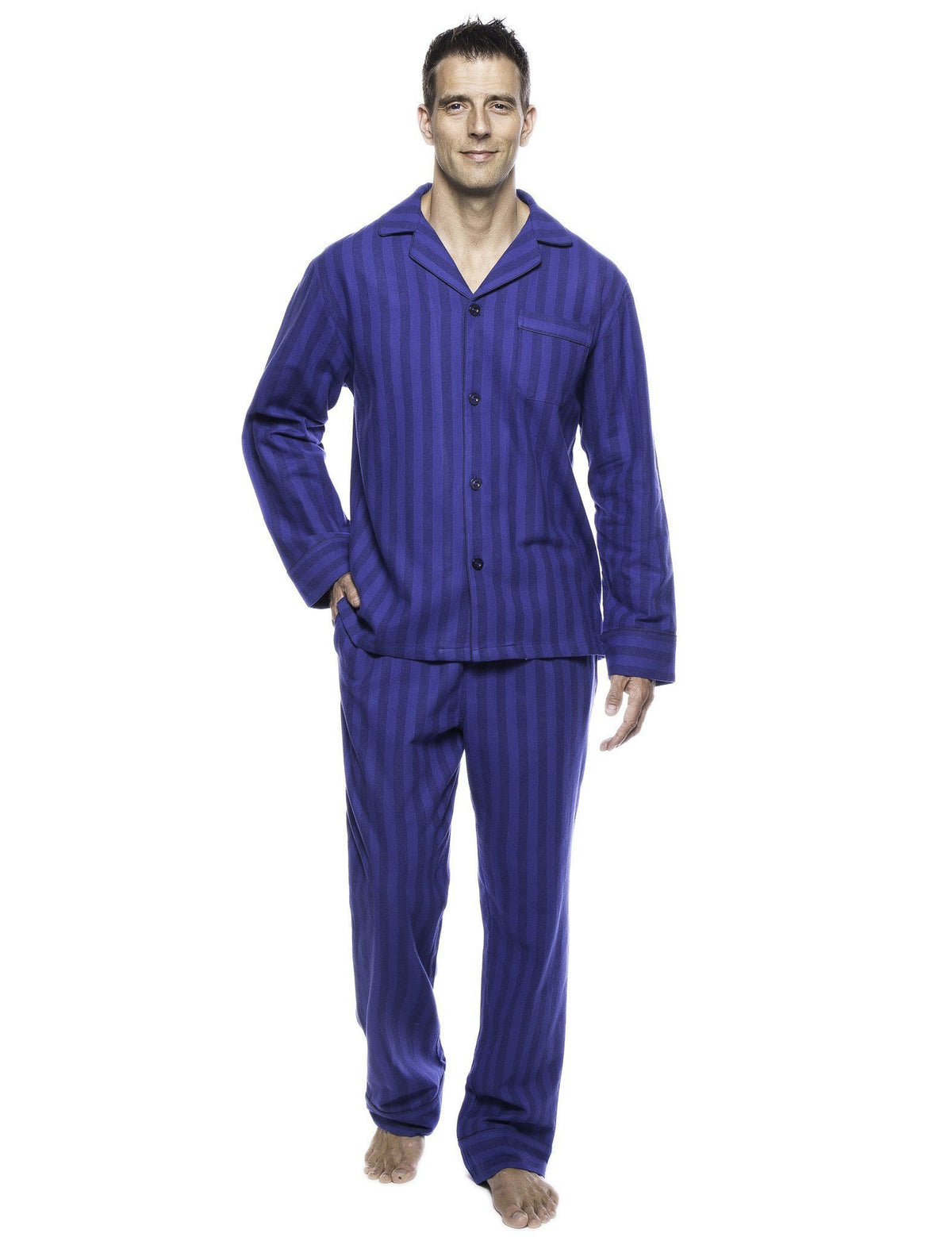 Box Packaged Men's Premium 100% Cotton Flannel Pajama Sleepwear Set - Stripes Tonal Blue