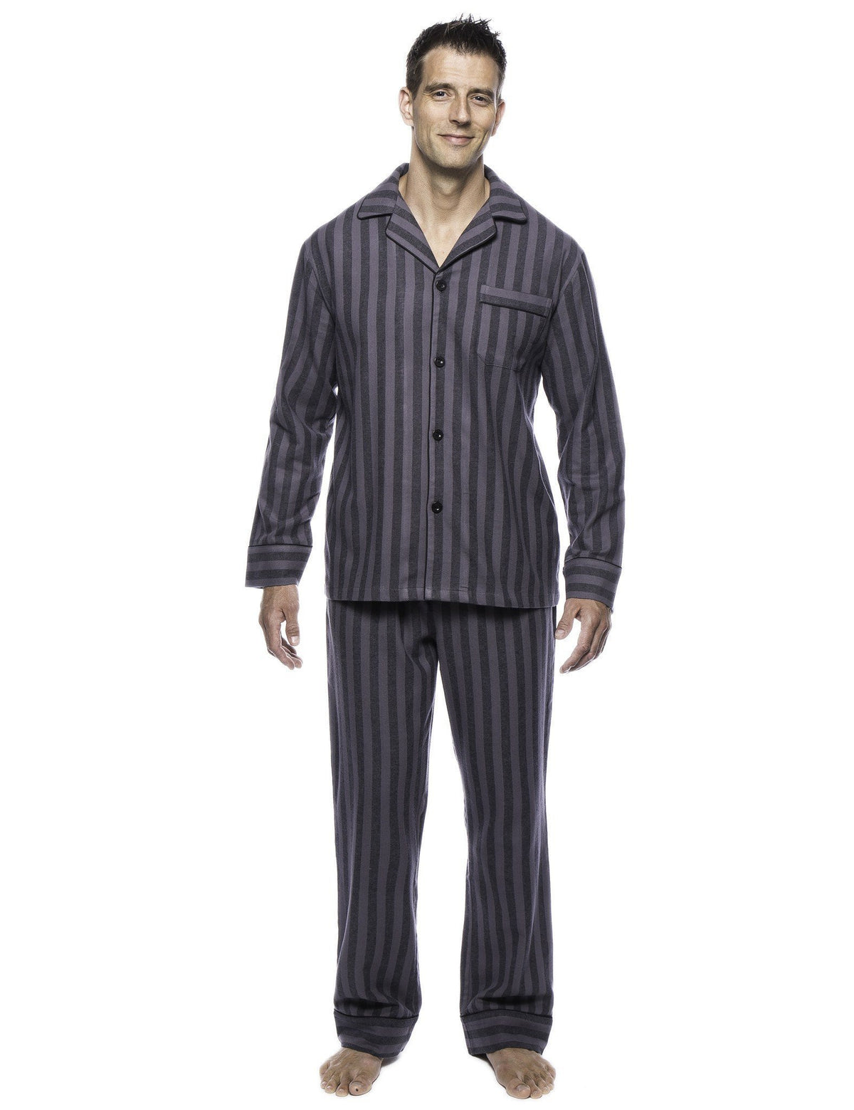 Box Packaged Men's Premium 100% Cotton Flannel Pajama Sleepwear Set - Stripes Black/Grey