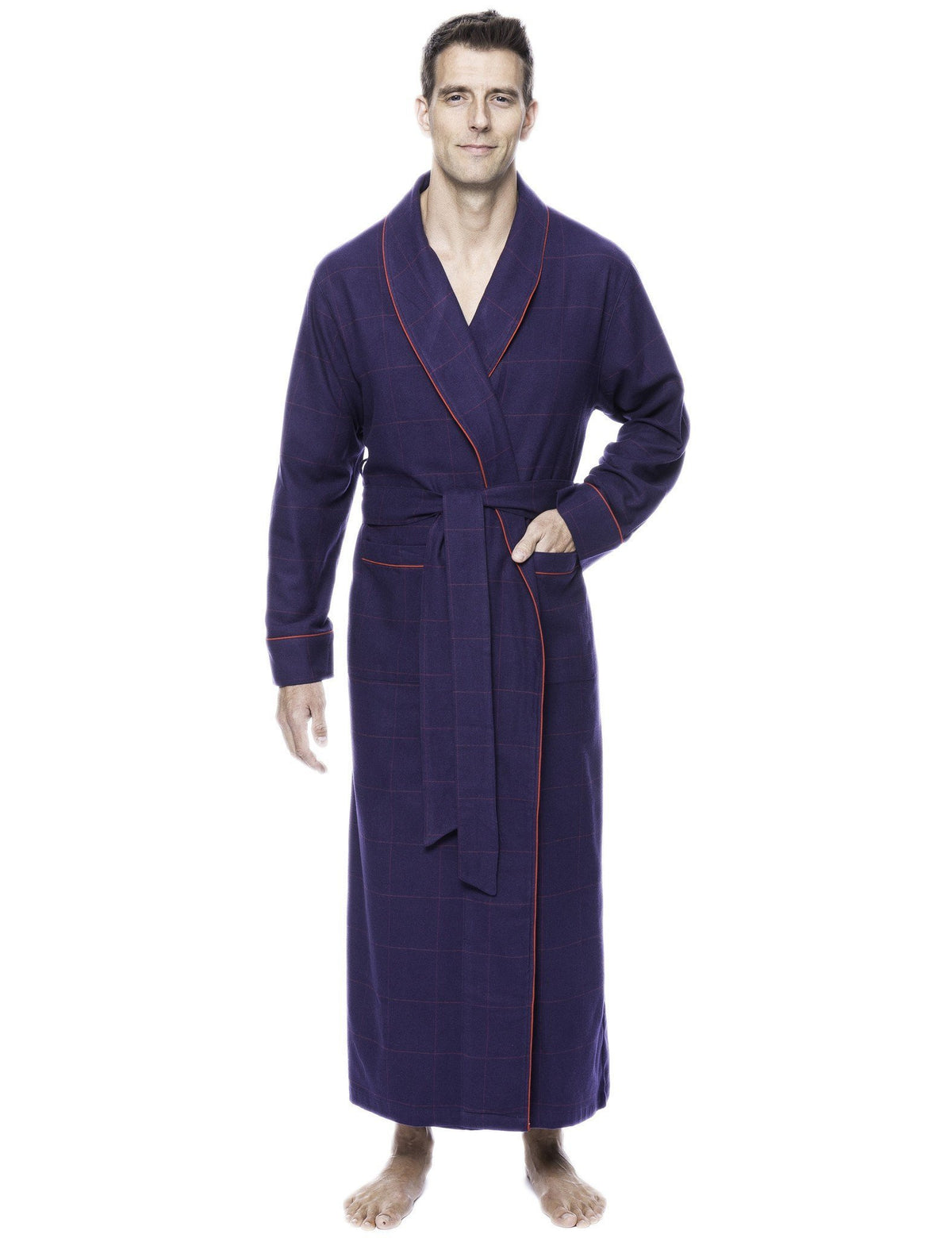 Box Packaged Men's Premium 100% Cotton Flannel Long Robe - Windowpane Checks Blue/Red