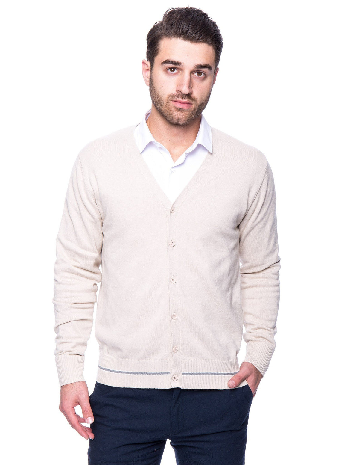 Men's 100% Cotton Cardigan Sweater - Stone