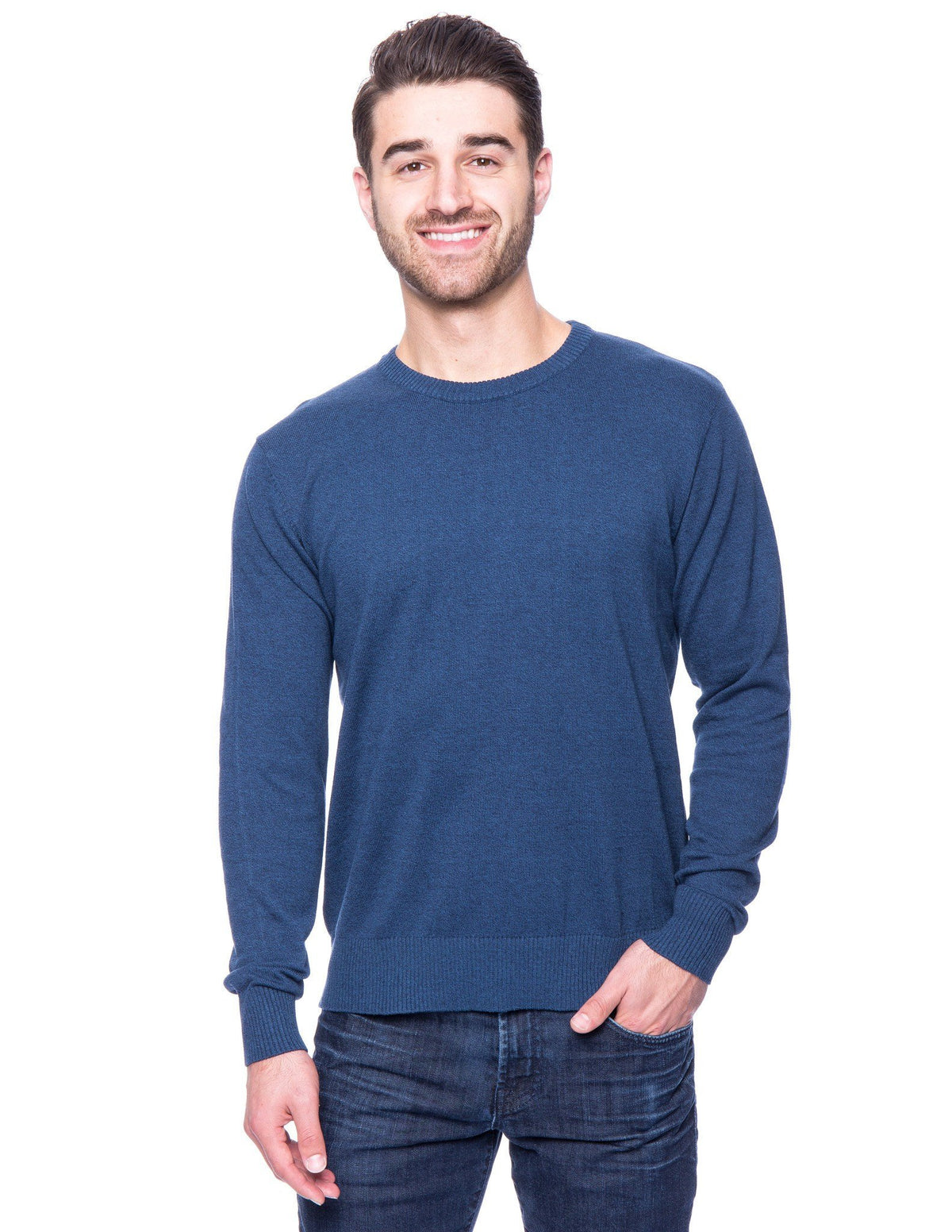 Men's 100% Cotton Crew Neck Sweater - Marl Navy/Teal