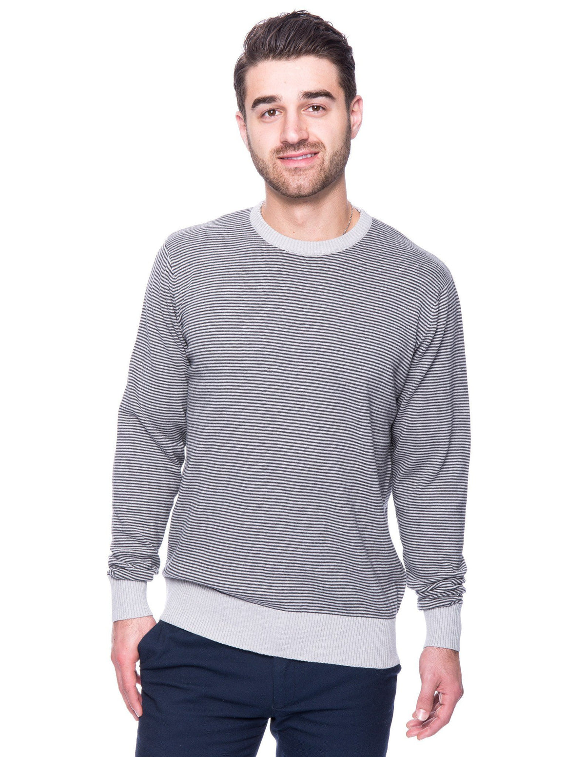 Men's Premium 100% Cotton Crew Neck Sweater - Stripes Heather Grey/Charcoal