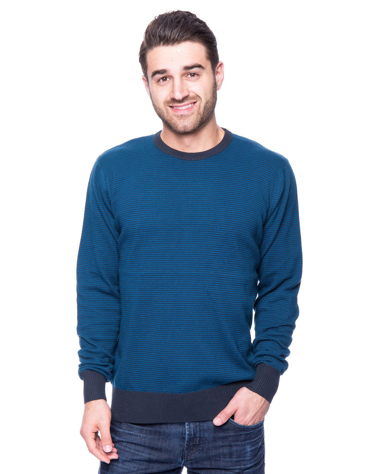 Men's Premium 100% Cotton Crew Neck Sweater - Stripes Navy/Dark Blue
