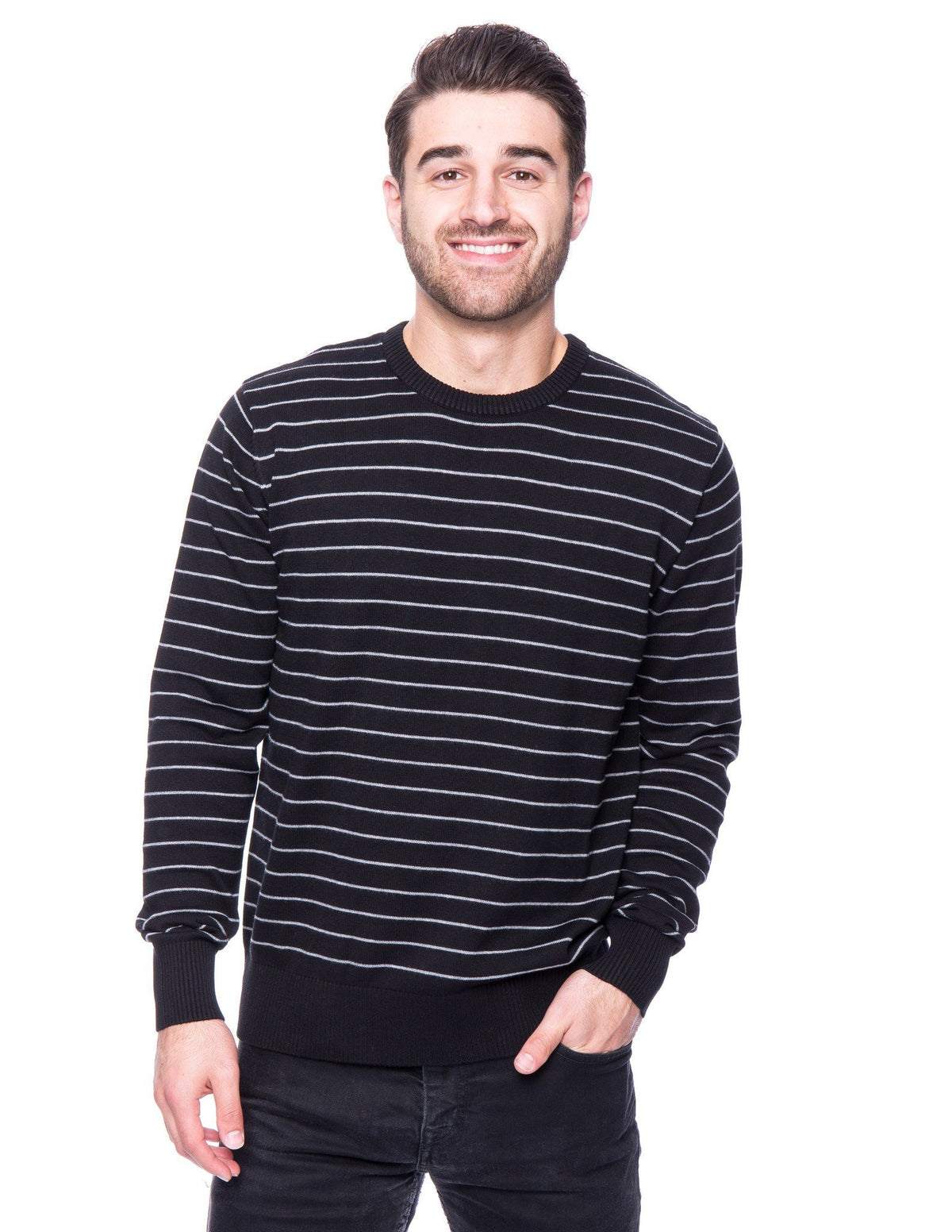 Men's 100% Cotton Crew Neck Sweater - Stripes Black/Heather Grey