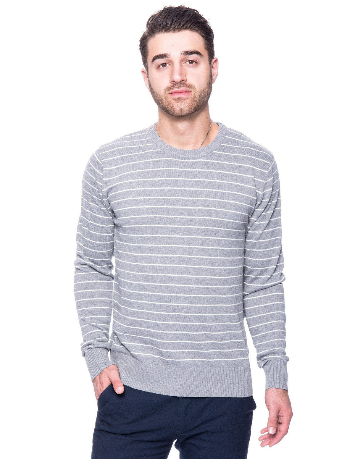 Men's 100% Cotton Crew Neck Sweater - Stripes Heather Grey/Ivory