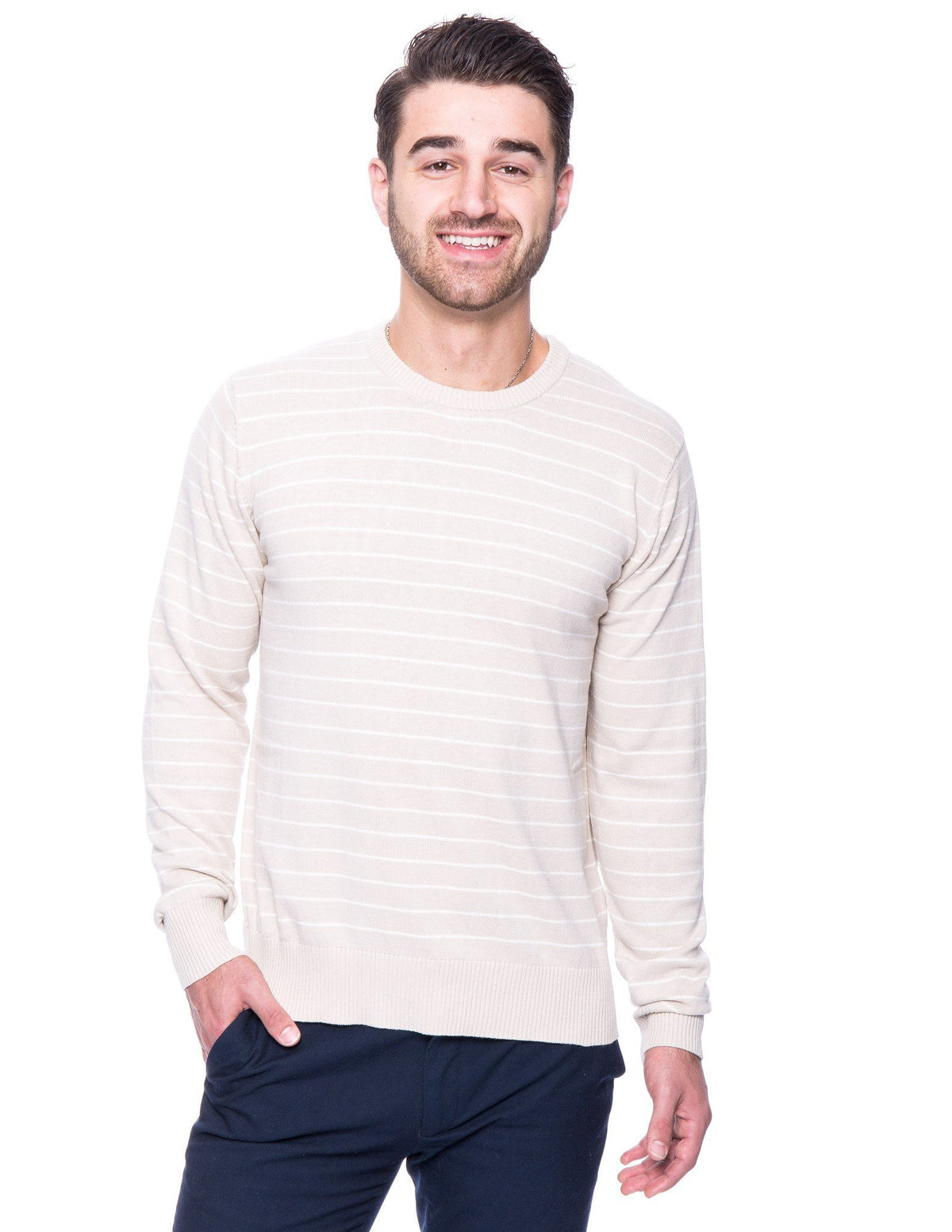 Men's 100% Cotton Crew Neck Sweater - Stripes Stone/Ivory