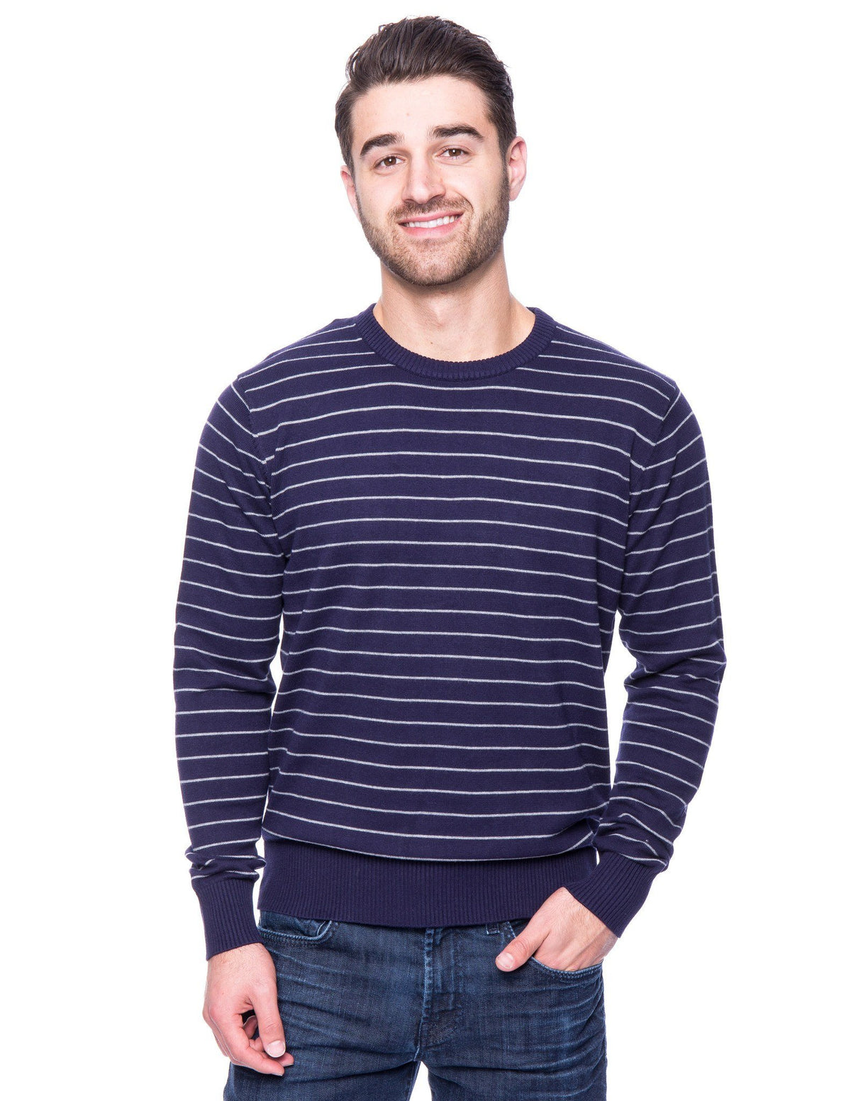 Men's 100% Cotton Crew Neck Sweater - Stripes Navy/Heather Grey