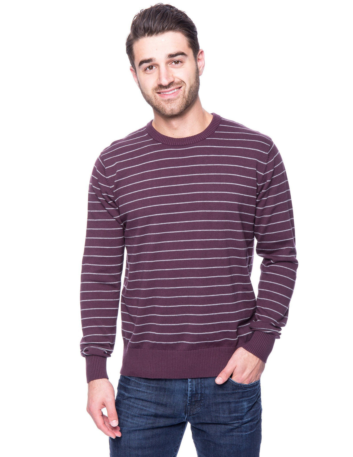 Men's 100% Cotton Crew Neck Sweater - Stripes Purple/Heather Grey