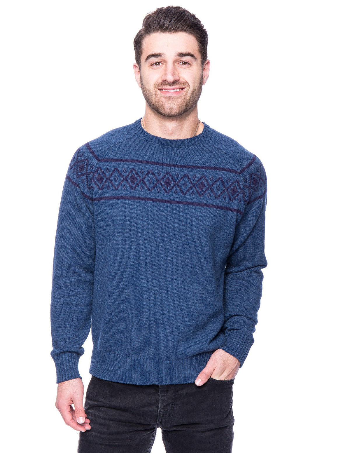 Men's 100% Cotton Crew Neck Sweater with Fair Isle Stripe - Marl Navy/Teal