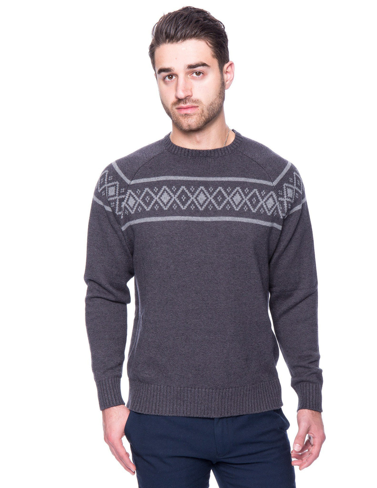 Men's 100% Cotton Crew Neck Sweater with Fair Isle Stripe - Marl Charcoal/Black
