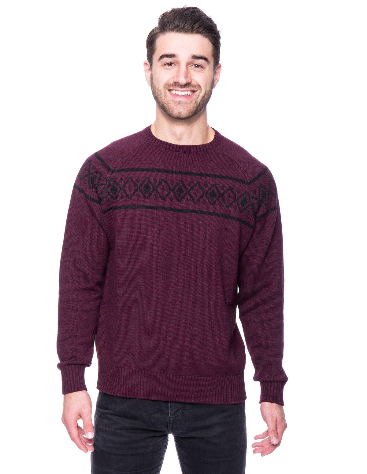 Men's 100% Cotton Crew Neck Sweater with Fair Isle Stripe - Marl Burgundy/Black