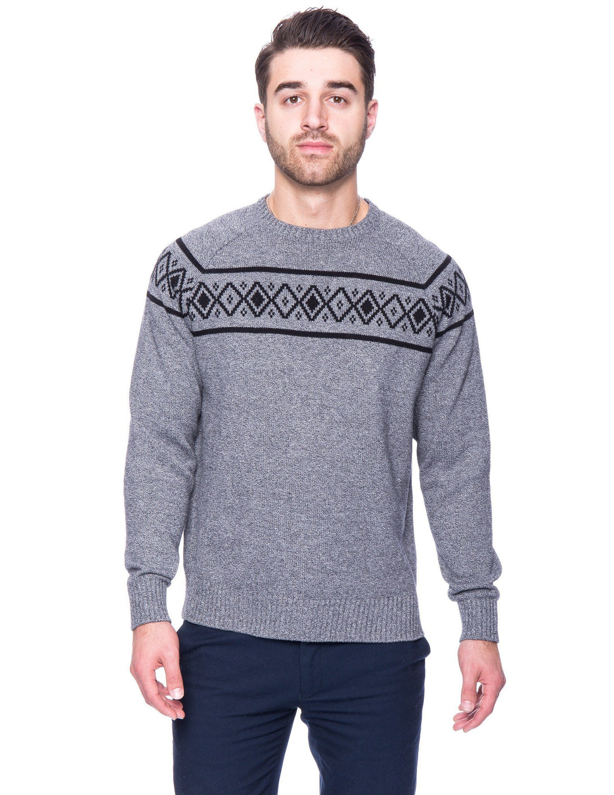Men's 100% Cotton Crew Neck Sweater with Fair Isle Stripe - Marl Black/White