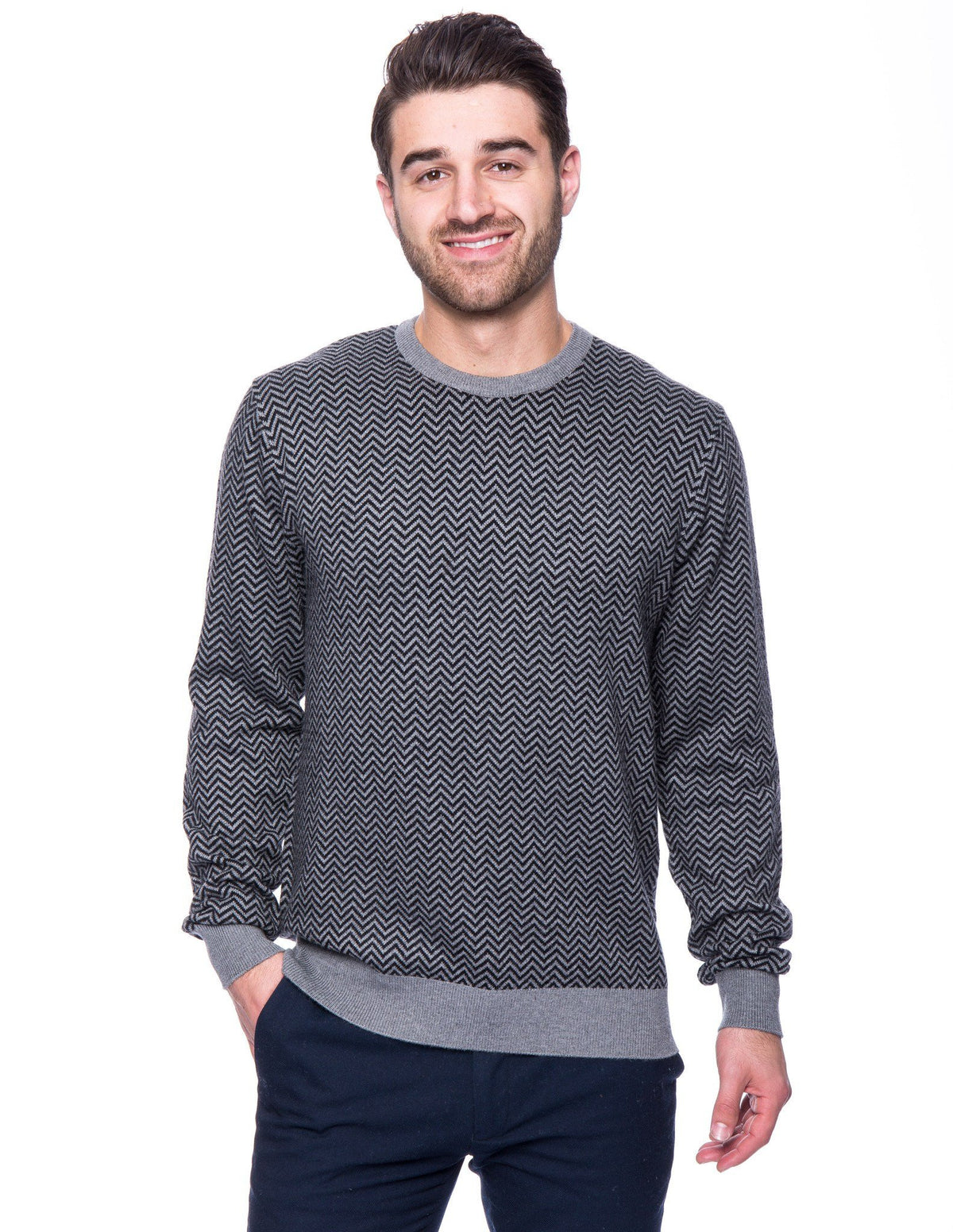 Men's Cashmere Blend Crew Neck Sweater - Chevron Black/Grey