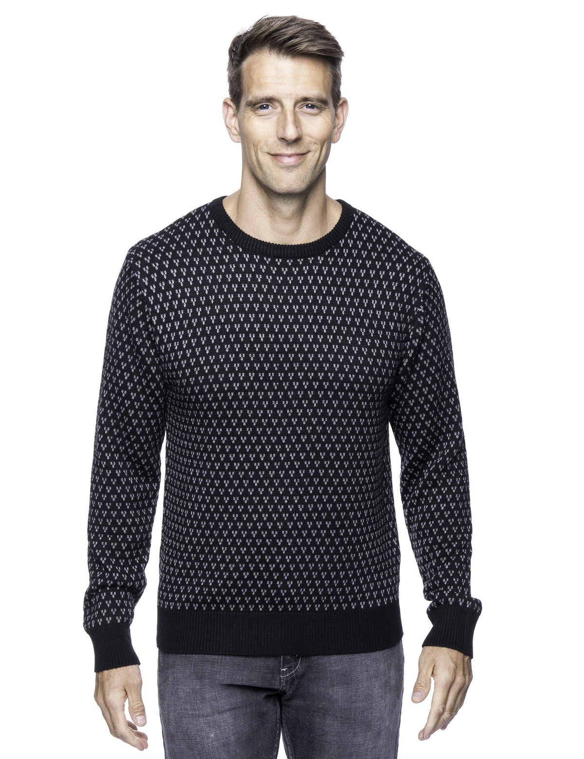 Men's Wool Blend Crew Neck Pullover Sweater with Jacquard Effect - Black/Heather Grey