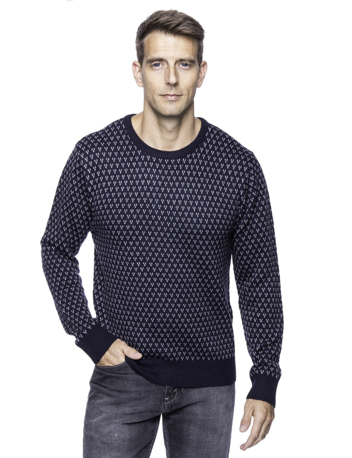 Men's Wool Blend Crew Neck Pullover Sweater with Jacquard Effect - Navy/Heather Grey