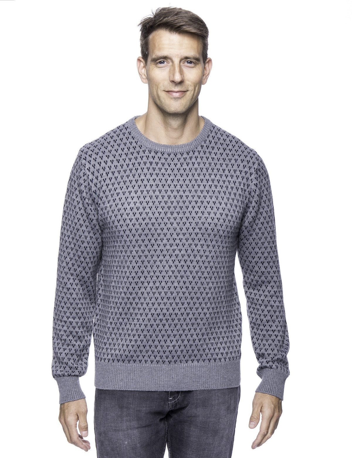 Men's Wool Blend Crew Neck Pullover Sweater with Jacquard Effect - Heather Grey/Navy