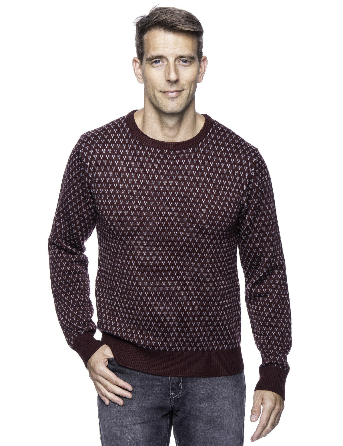 Men's Wool Blend Crew Neck Pullover Sweater with Jacquard Effect - Bordeaux/Heather Grey